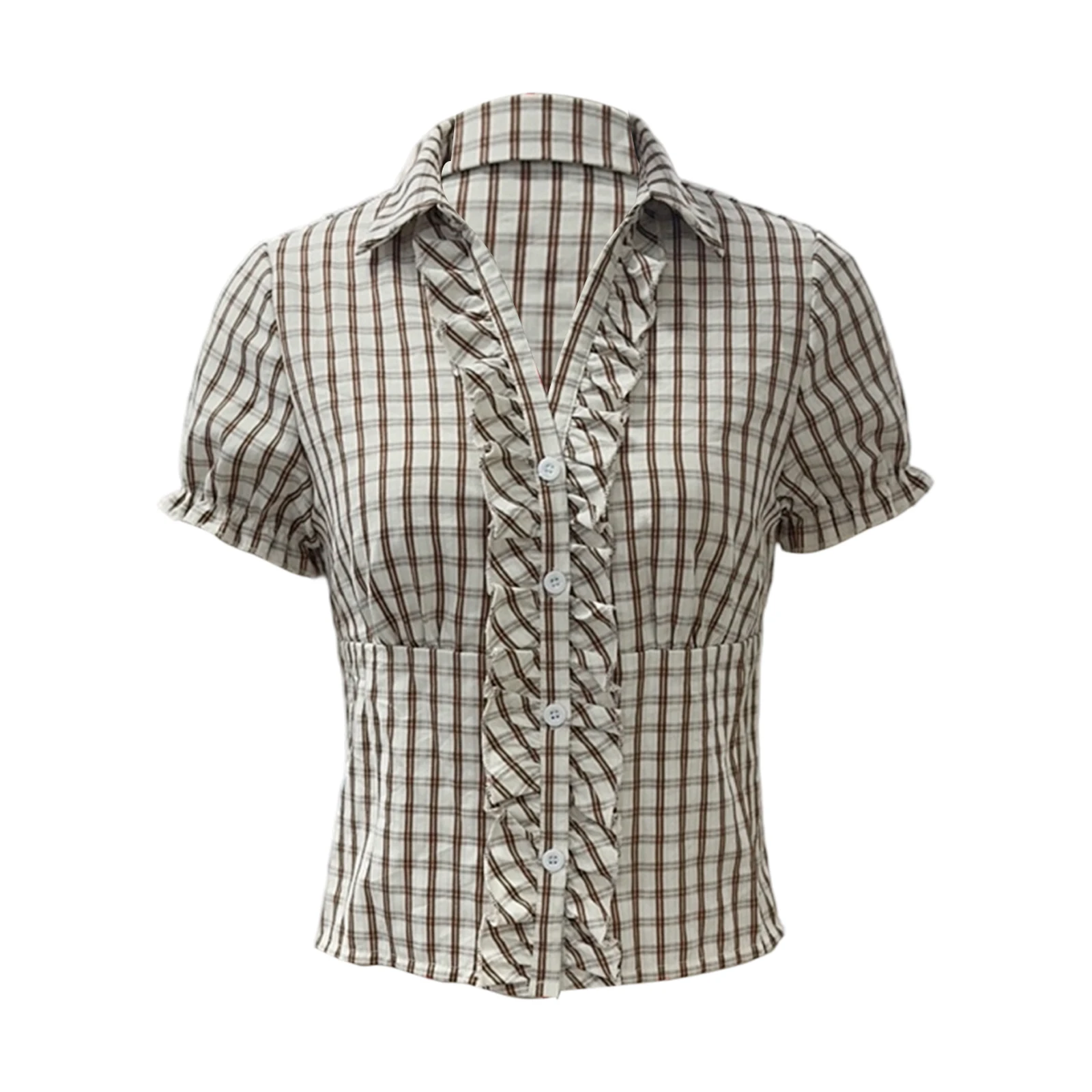 

Women Summer y2k Vintage Aesthetic Ruffles Short Sleeve Crop Tops V-neck Button Down Casual Slim Blouse Shirts Tops Streetwear