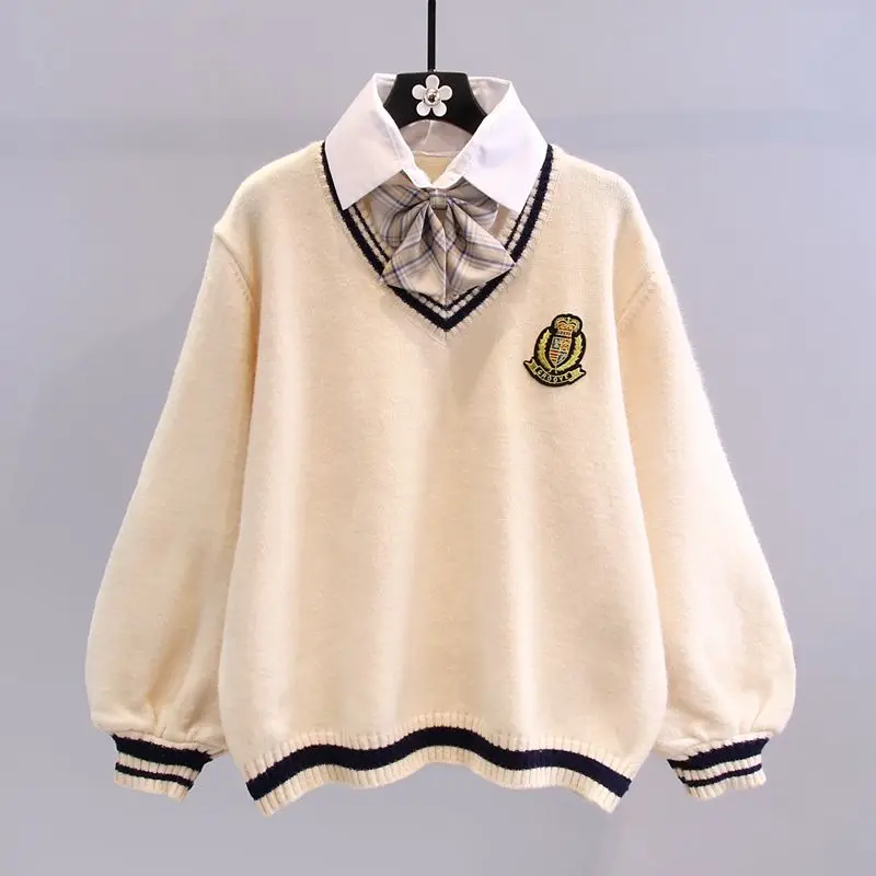 Spring Autumn Women Preppy Style Polo Sweater with Tie Mini Pleated Skirts 1 or Two Piece Set Japan Student Knit Tops Skirt Suit