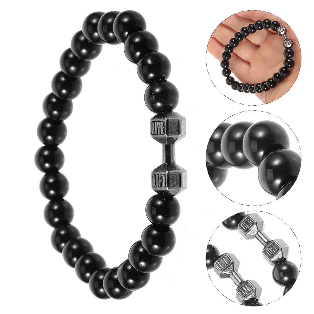 

Men's Black Beaded Bracelet with Dumbbell Charm Weighted Gym Bracelet for Blood Circulation Cool Bracelets for Men Hand Exercise