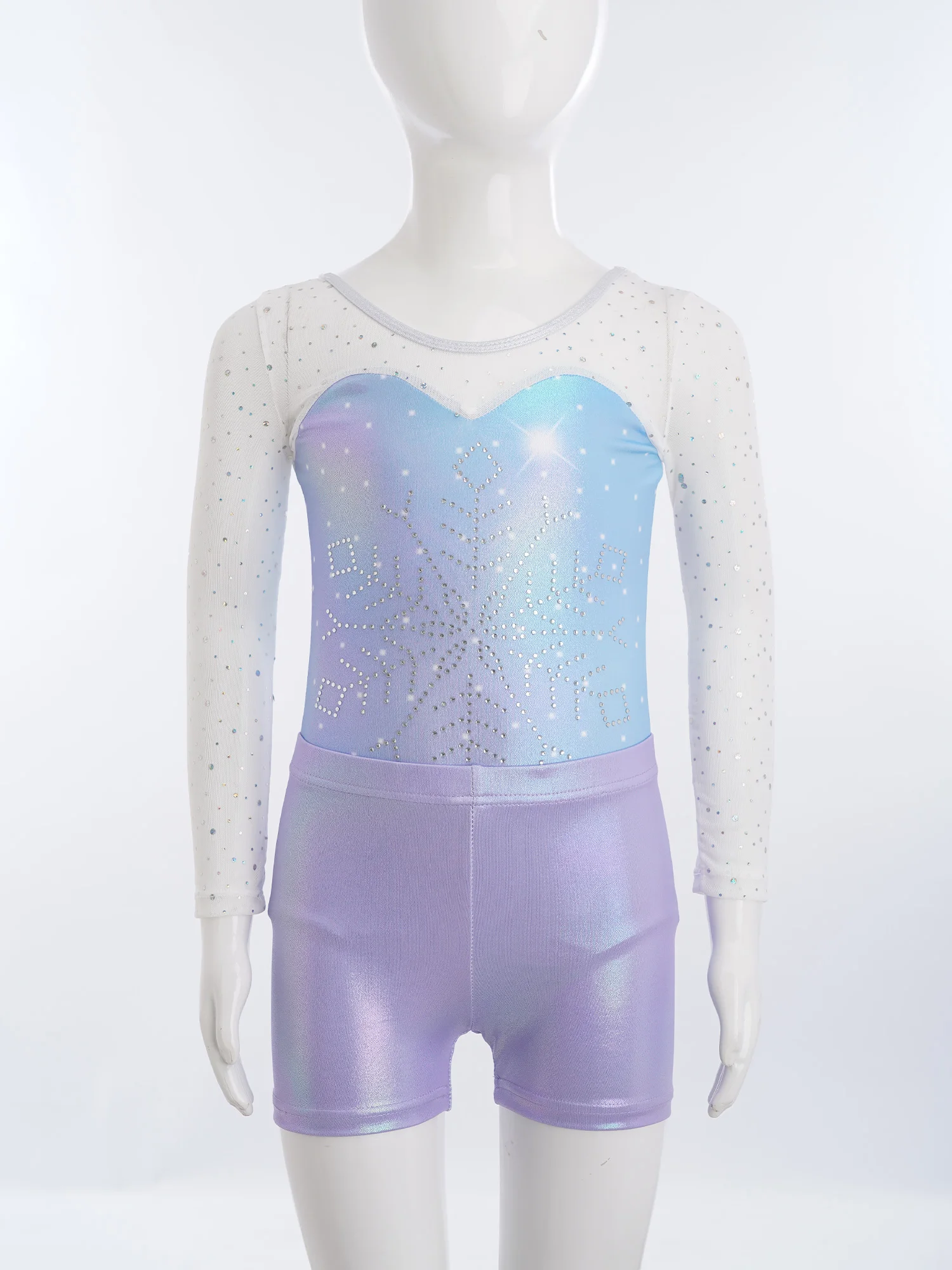 Kids Girls Ballet Rhinestones Snowflake Gymnastics Dance Outfit Long-sleeve Mesh Patchwork Metallic Leotard with Shots Hairband