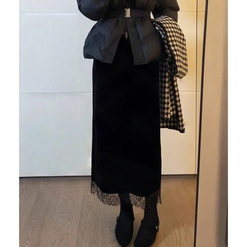 

Lace Spliced Velvet Skirt Black Autumn Spring High Waist Straight Split Elastic Waist Straight Skirt Elegant Vintage Office Lady
