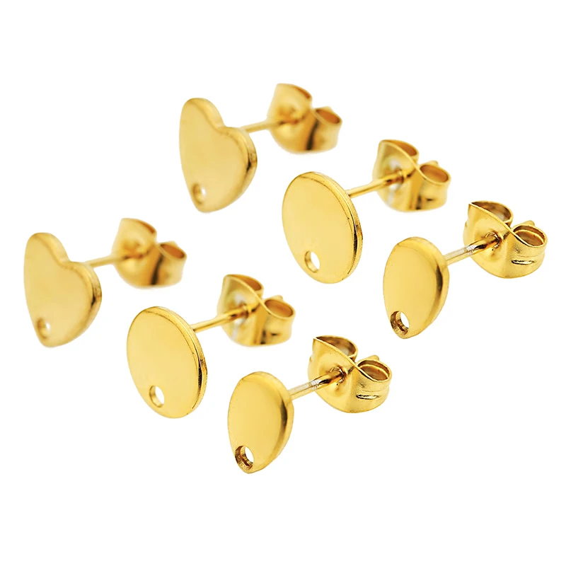 10pcs Gold Stainless Steel Love Heart Ear Studs for DIY Earrings Base Jewelry Making Hole Dangle Charm Components Accessories