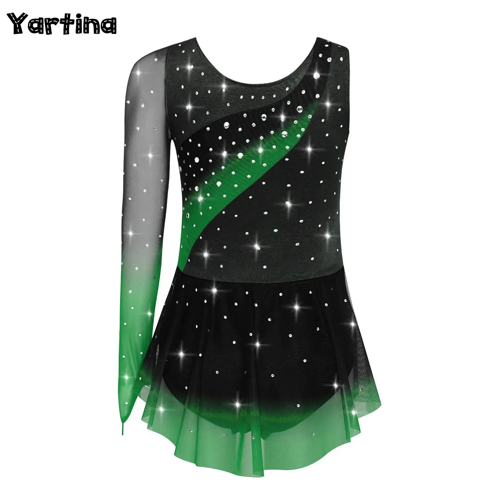 

Kids Girls Rhythmic Gymnastics Ballet Jersey Lyrical Dance Figure Skating Costume Asymmetrical Split Shiny Rhinestones Dress