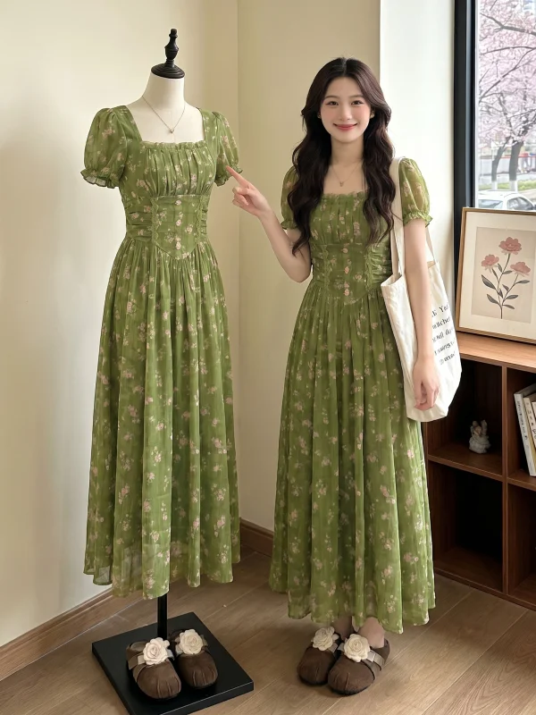 Green Floral Print Square Neckline Dress Summer New Style plus Size Beautiful Skirt Korean Style Commute High Waist Polyester...