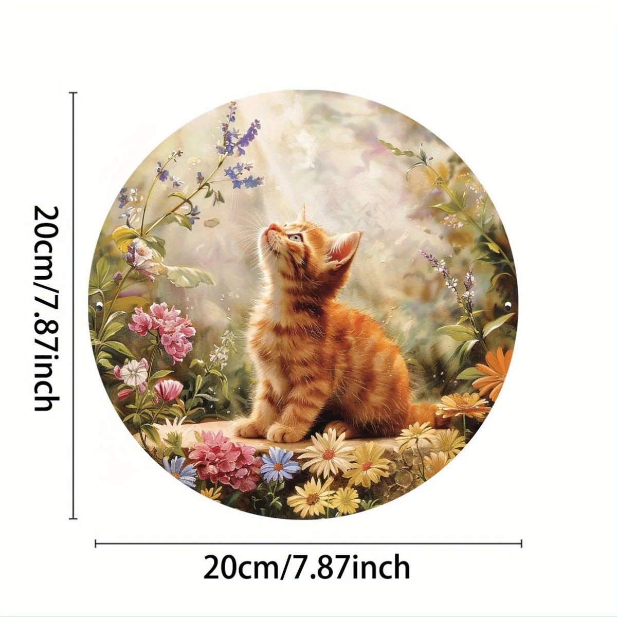 1pc Vintage King Cat Floral Foil Art - Round Aluminum Metal Wall Decor, Indoor/Outdoor Pewter Painting, Home, Restaurant, Cafe,