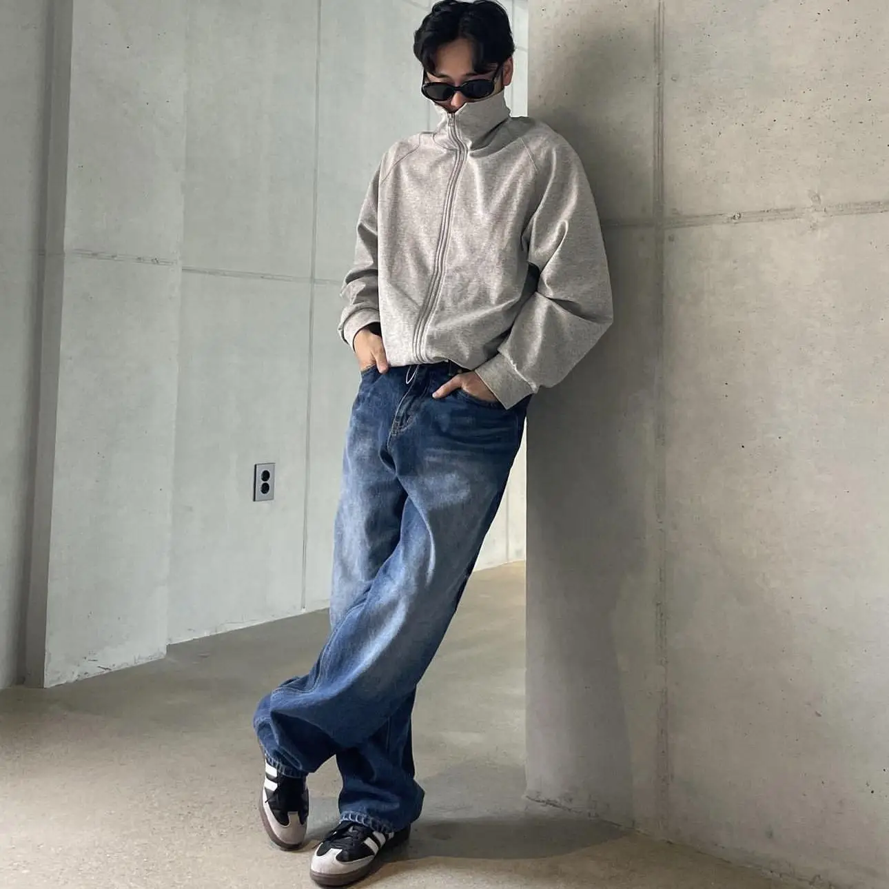 Banan Ground Autumn Winter Grey Versatile Short Wide Basic Clean Double Zipper High Collar Sweatshirt Jacket Unisex
