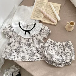 2024 New Summer Toddler Baby Girl Clothes Suit Short Sleeved Cotton Printed T-shirt+PP Shorts Korean Style Children Clothes Set