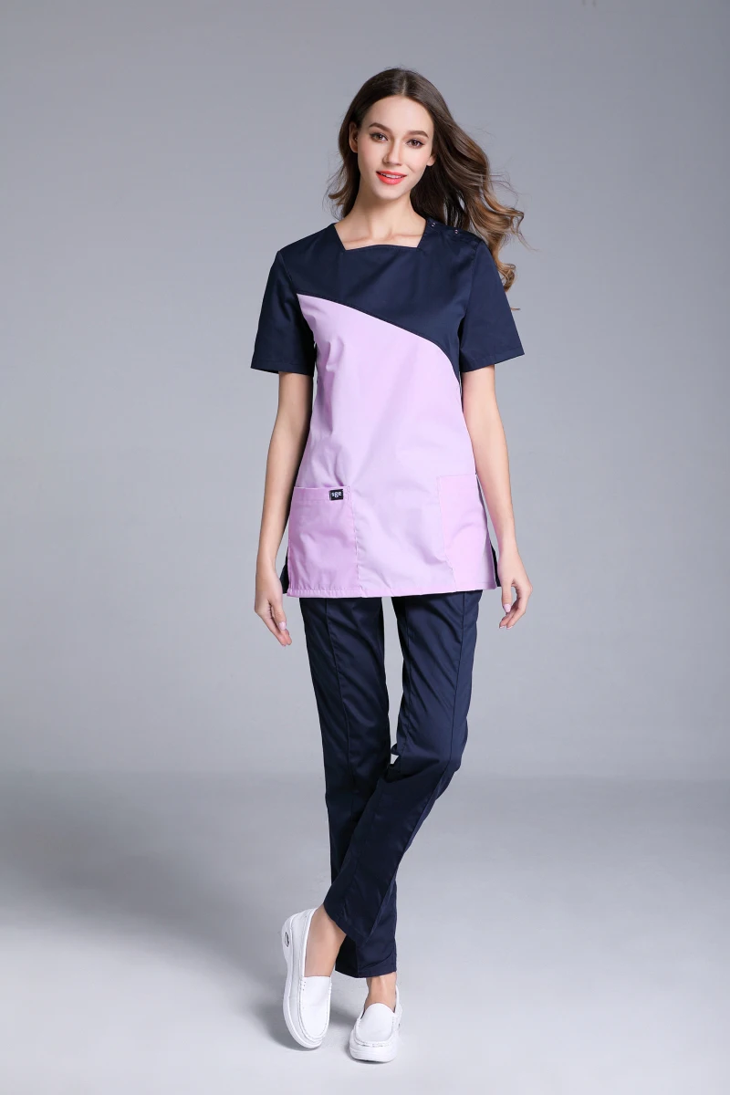 Summer Women's Short Sleeve Shoulder Openable U Shape Neck Medical Scrub Clothes Sets Spa Salon Beauty Working Uniform Blue