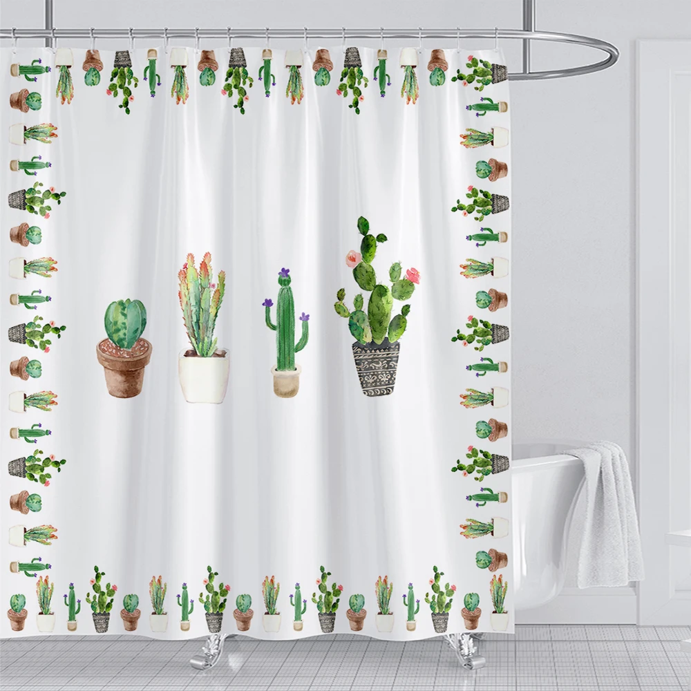 

Green Plant Leaf Cactus Shower Curtain Printed Modern Nordic Minimalist Polyster Bathroom Curtain Home Decor Curtain with Hooks