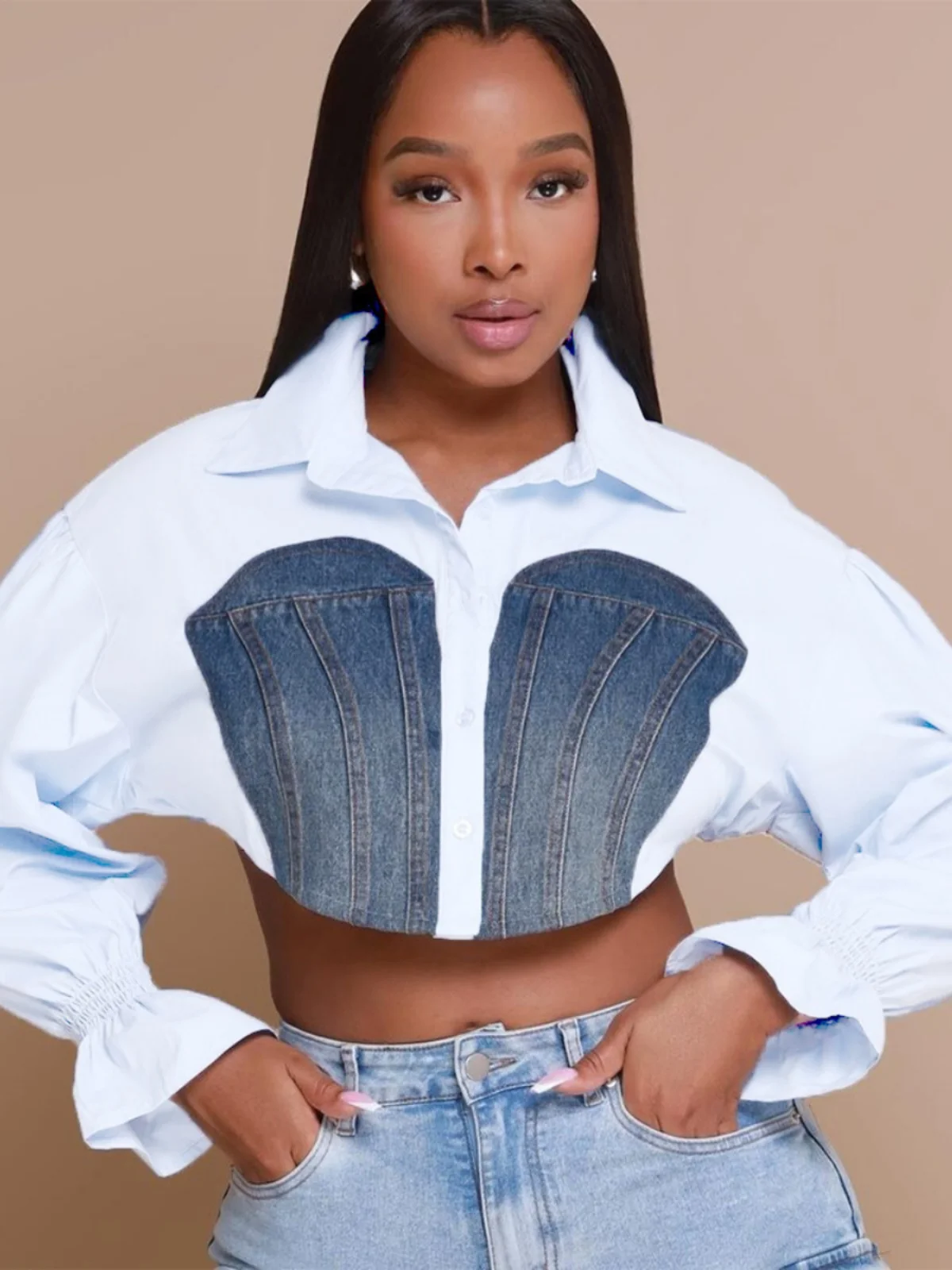 

Trendy Street Sle Women's irt Denim Splicing Belly Button Exposure Bell Sve High Waist ort Length Pure Color Button ...