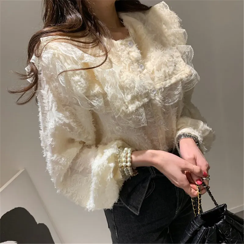 Sweet Casual Fashion Ruffled Lace Chiffon Shirt Loose Pullover Women  New Design Elegant Blouse Beige Hot Sale Korean Style