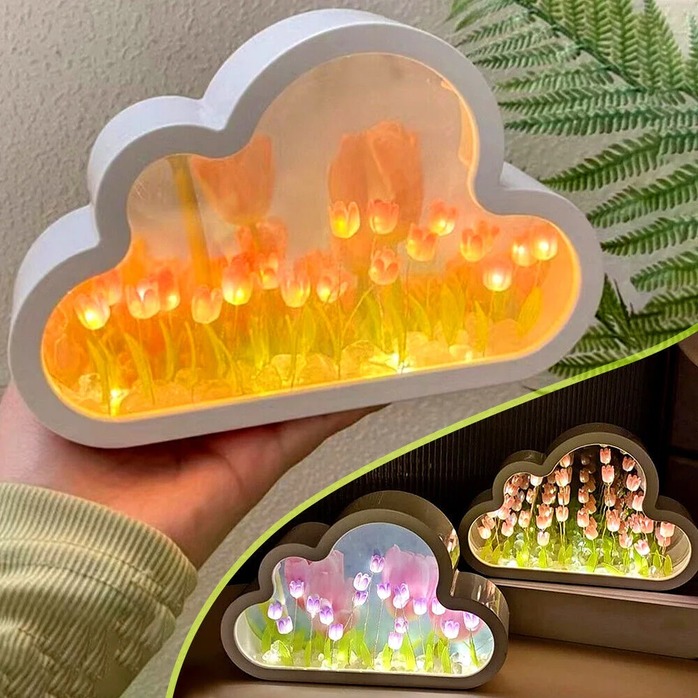 Luz de noche de tulipán de nube Diy, lámpara de espejo Led hecha a mano, decoración de escritorio para el hogar, espejo de flores de tulipanes 2 en