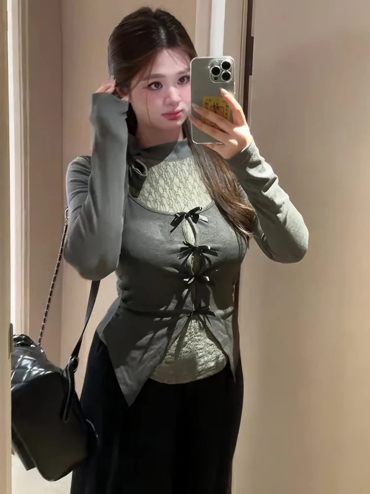 Plus Size Damen Gestrickte Slim Fit Lange Sve T-Shirt Farbe Blo Set Lässiger Frühherbst Sexy Sle Zweiteiliger Faion Suit