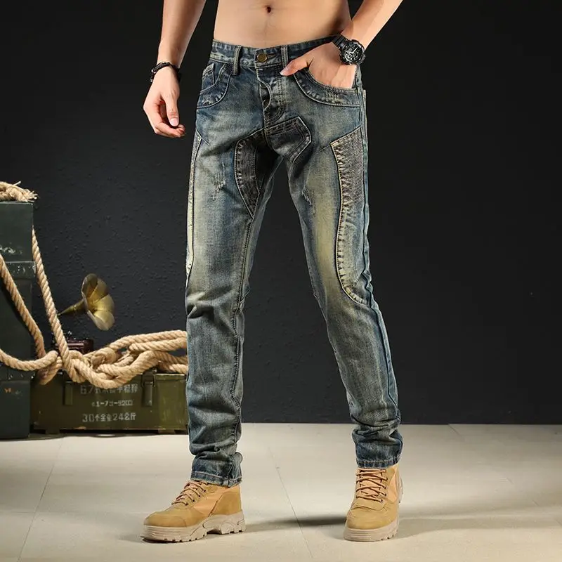 

Japanese Fashion Brand Retro Nostalgic Motorcycle Jeans Men's Spliced Slim Straight Leg Long Pants