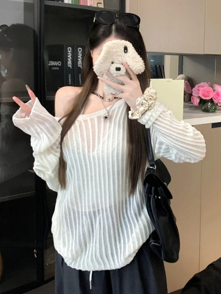 

Loose Women's Long Sleeve Knitted Sweater Shoulder Bared Hollow out Striped Design Spring New Style Korean Style Commute Wind