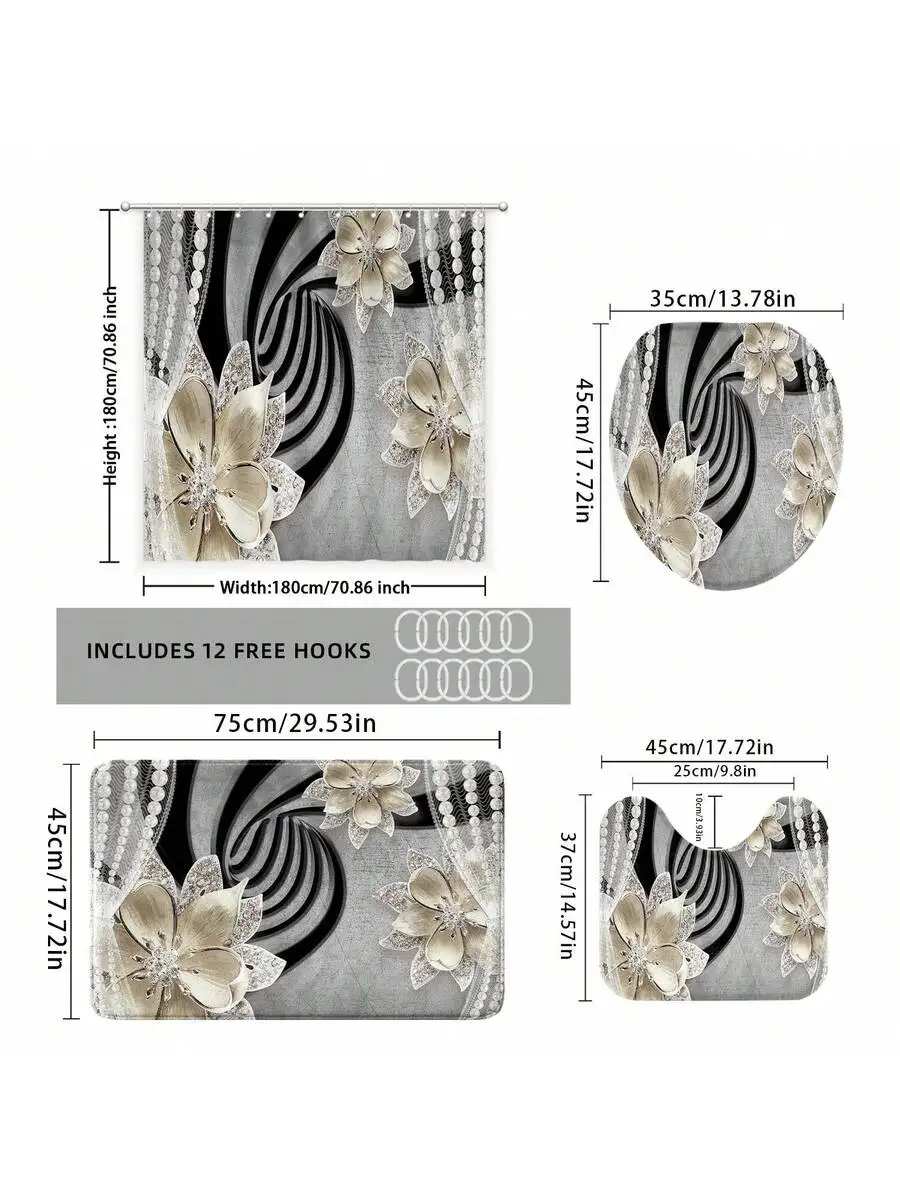 1pc/4pcs Bathroom Curtains Shower Set, Floral & Faux Pearl Pattern Shower Curtains, Bathroom Decor, Bathroom Rug, Home view 2
