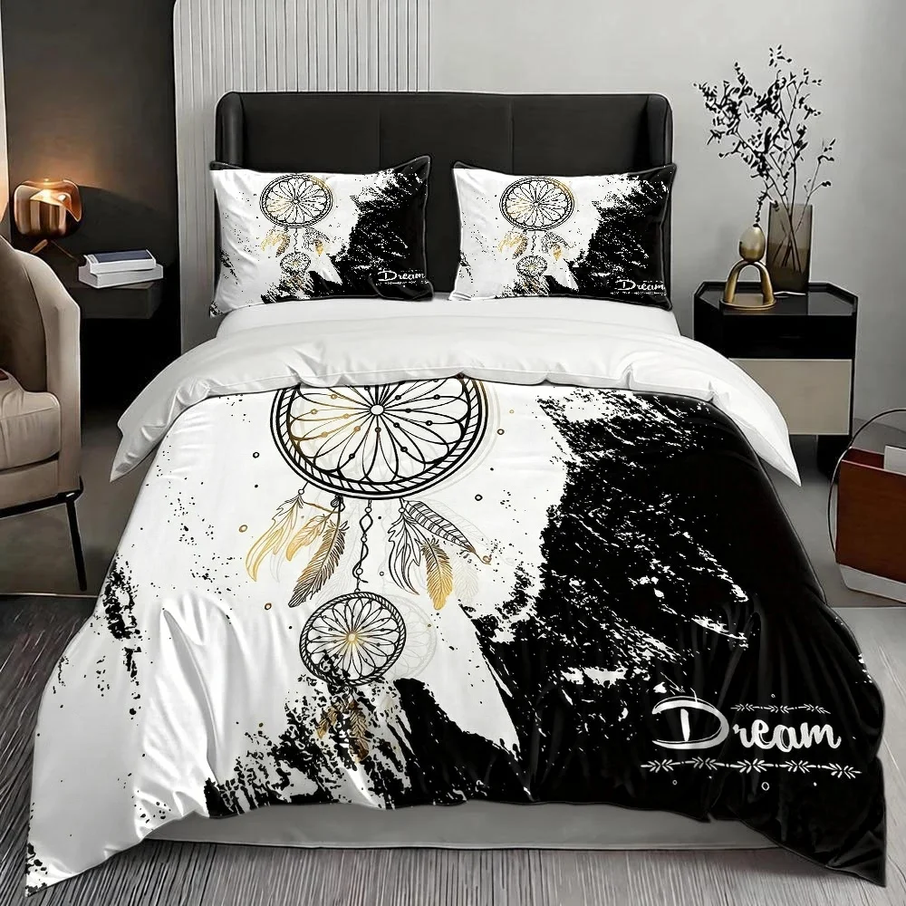 3Pc Bohemian Dreamcatcher Duvet Cover Set, Three-Piece Bed Set (1 Duvet Cover + 2 Pillowcases), Suitable for All Seasons, Machine Washable, Invisible Zipper Design, Large Double Bed Cover, Suitable for Home, Dormitory, Master Bedroom, Guest Room, Black and White Artistic Style Bedding Set, Specially Designed for Instagram-Style Bedding, Comfortable, Skin-Friendly, Easy to Care For, Trendy Bedroom Decor Bedding, 2D Flat Print