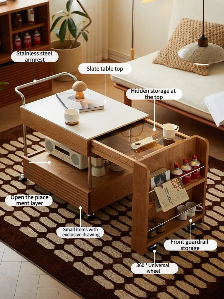 

Coffee Table Solid Wood Small Surrounding Stove Tea Mobile Tea Cabinet Cherry Wood Rock Slab Edge Table