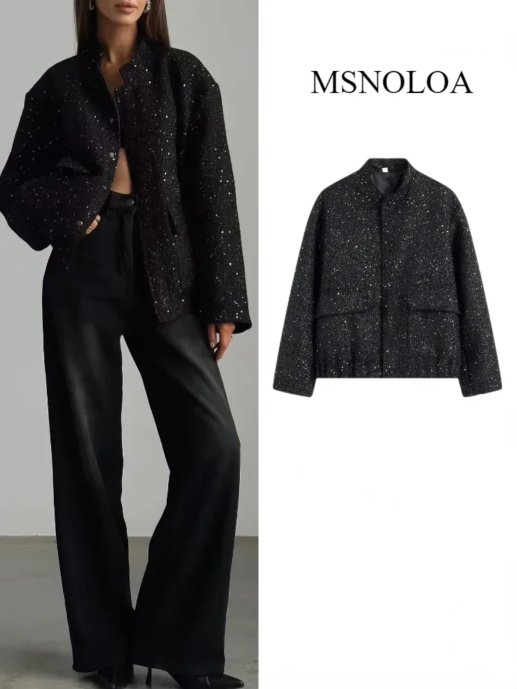 Women's Shiny Sequined Bomber Jacket O-Neck Long Sleeve Pocket Stretch Hem Sequins Jacket Coat Fall New Lady Chic Outerwear