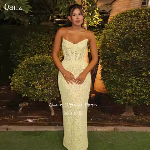 Qanz Yellow Full Lace Evening Dresses Sweetheart Mermaid Corset Vestidos Para Mujer Elegantes Illusion Party Dress Customized