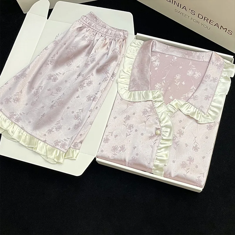 Women Pajamas Sets Summer 2 Piece Floral Print Pyjama Faux Silk Satin Buttons Sleepwear Short Sleeve Pijama Mujer Pjs Homewear