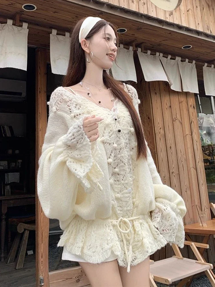 French Style Hollow Out Knit Cardigan Women Autumn New Vintage Lazy Loose Casual Sweater V Neck Lace Up Long Sleeve Baggy Tops