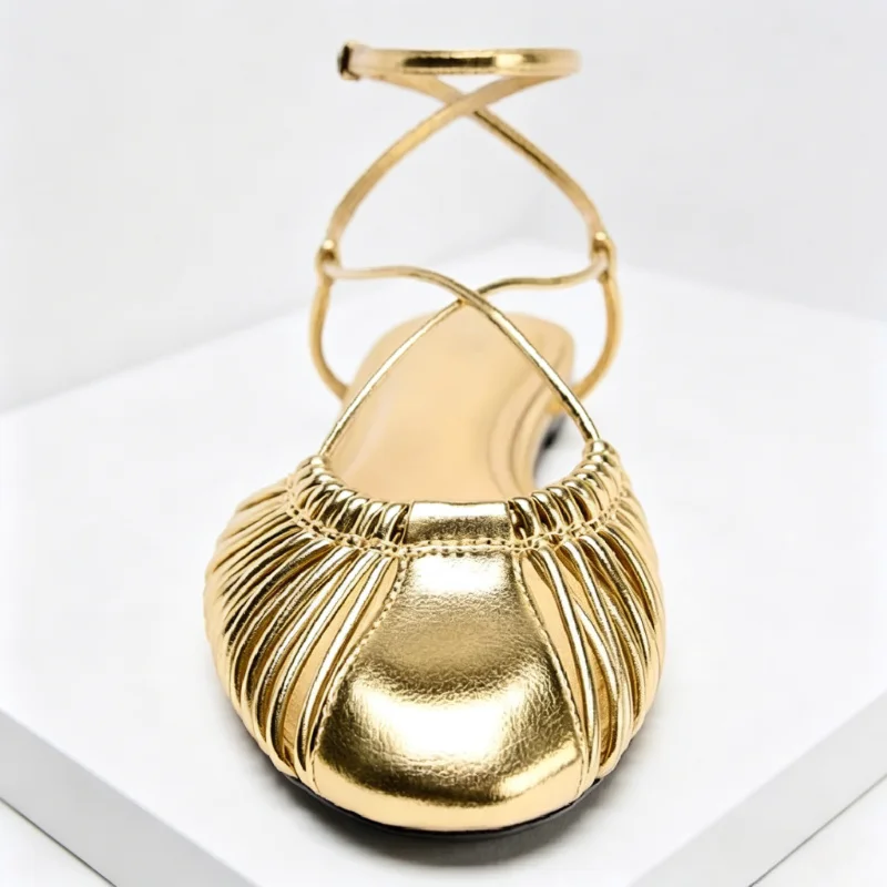 Luxury Gold Ankle Strap Flat Sandals Women Fashion Thin-Strap Woven Design Mules Sandalias Summer Comfortable Flat Beach Shoes