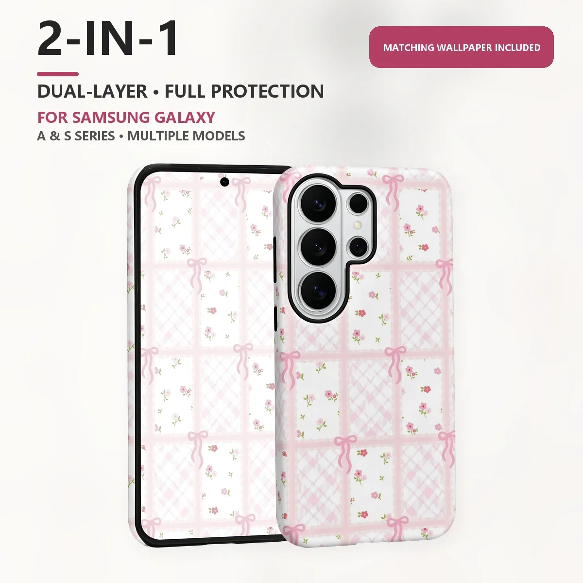 Pink Floral Patchwork 2-in-1 Dual-Layer Phone Case for Samsung Galaxy S26 S25 S24 Plus Ultra FE S20 FE A56 A17 A16 A15