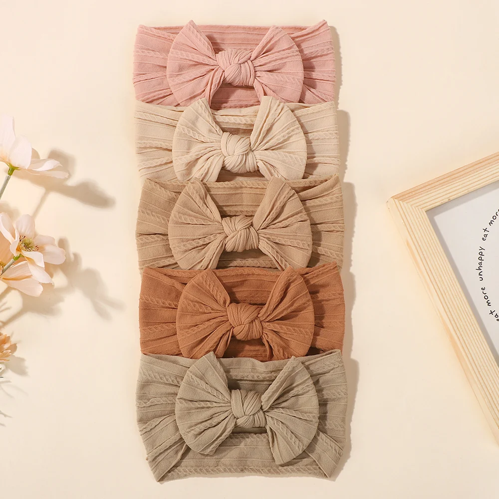 5pcs Baby Bows Headbands Set for Girls - Cable Knit Elastic Turban Hair Bands Soft Nylon Kids Headwear Hair Accessories