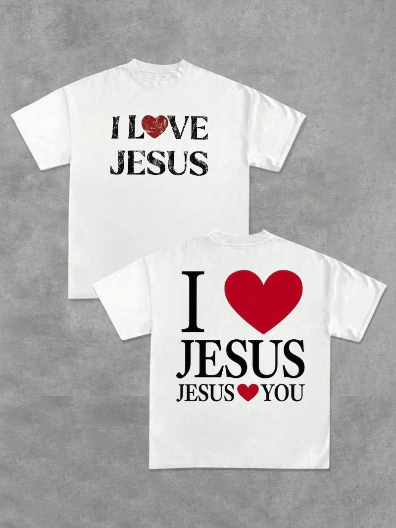 

1 Piece of Men's Sportswear, I Love Jesus Heart-shaped Pure Cotton Casual Printed T-shirt Christian Faith Religious Faith Tshirt