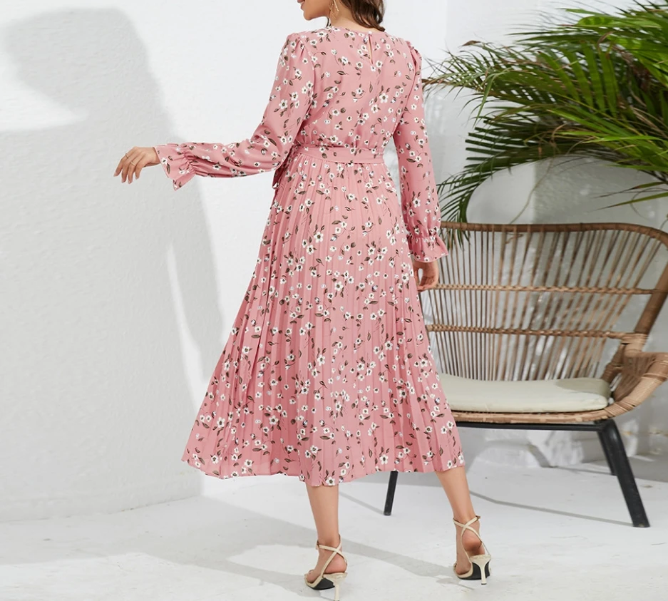 Casual Women's Dress Autumn Casual Long Sleeved O-Neck Floral Print Waist Cinching Pleated Skirt Slim Fit Temperament Midi Dress