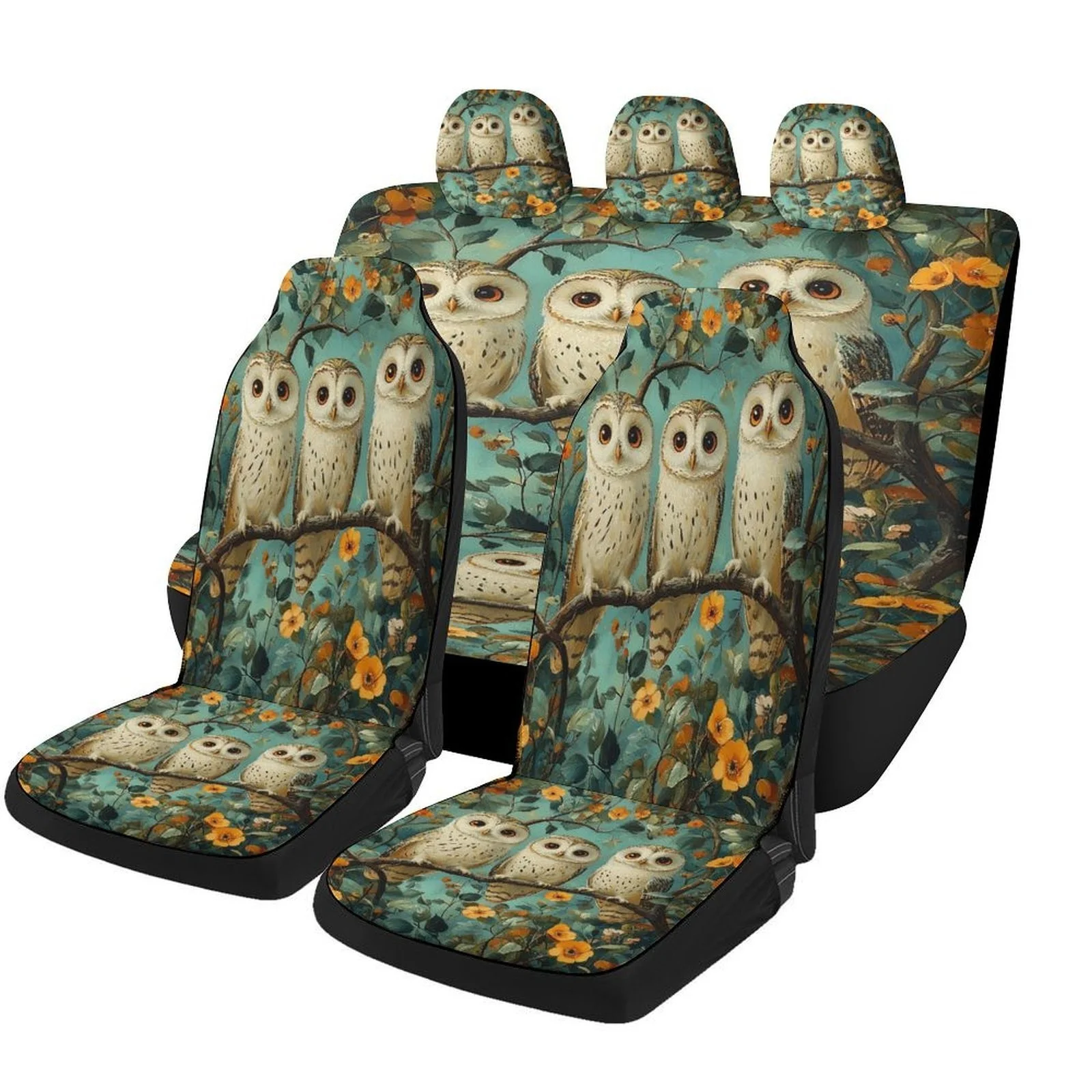 Set Of Car Seat Covers Featuring Owls In Bloom, Suitable For Various Vehicles. Stylish And Breathable, These Decorative Covers P