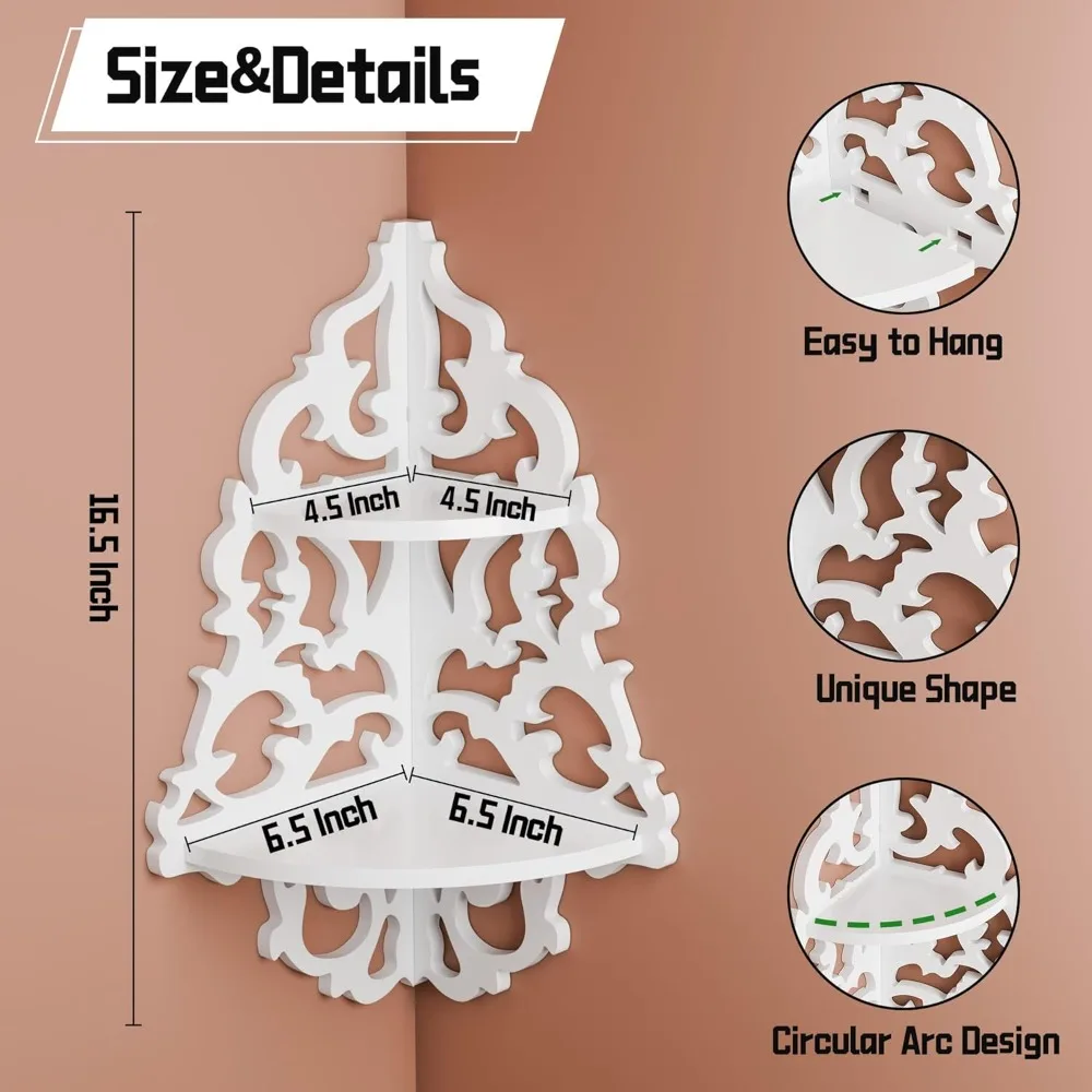 Prateleiras de parede de canto branco vintage de 2 camadas, prateleiras suspensas de design recortado para parede, prateleira de exibição redonda de madeira, dec caprichoso