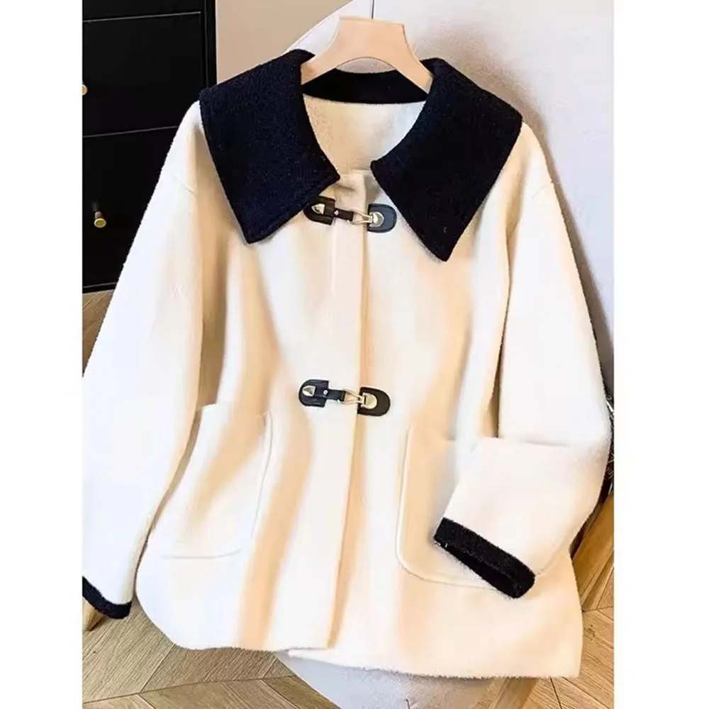 

New Korean Join Together Women Woolen Coat Autumn Winter Short Fashion Loose Double-Sided Cashmere Wool Coat Female Outerwear