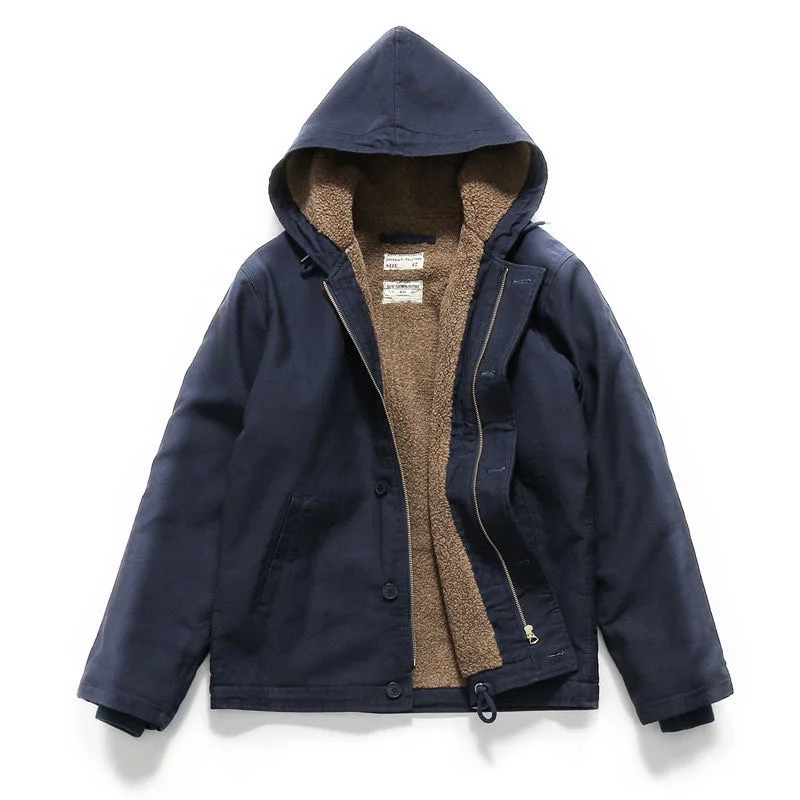 

11.5oz Jungle Cross Heavyweight American Vintage Workwear Lamb Velvet Coat Navy N1 Deck Fleece Jacket Hooded Thicken for Men