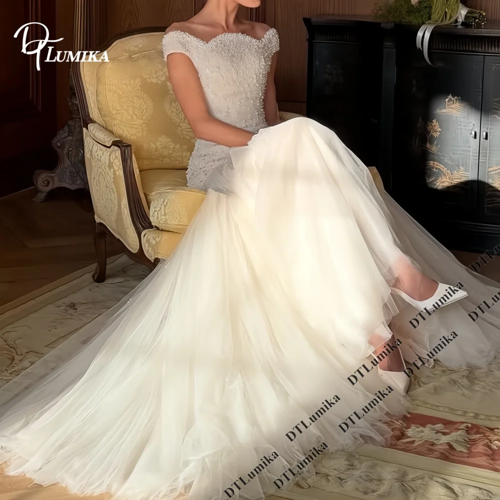 Customized Tulle Wedding Dress Off Shoulder Destination  Bride Dresses Sweep Train Personalized Bridal Gown Beach DTLumika