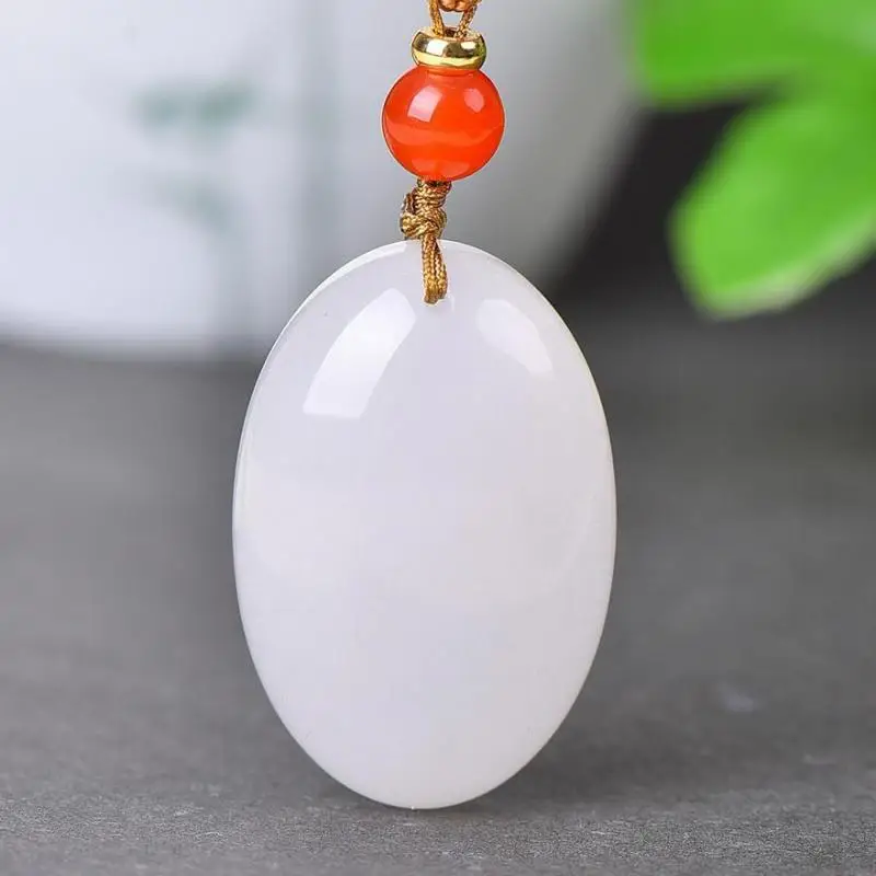 Natural White Jade Oval Pendant With Rope Chain Charms Necklace Men Women Fine Jewelry Chinese Hetian Jades Lucky Amulets