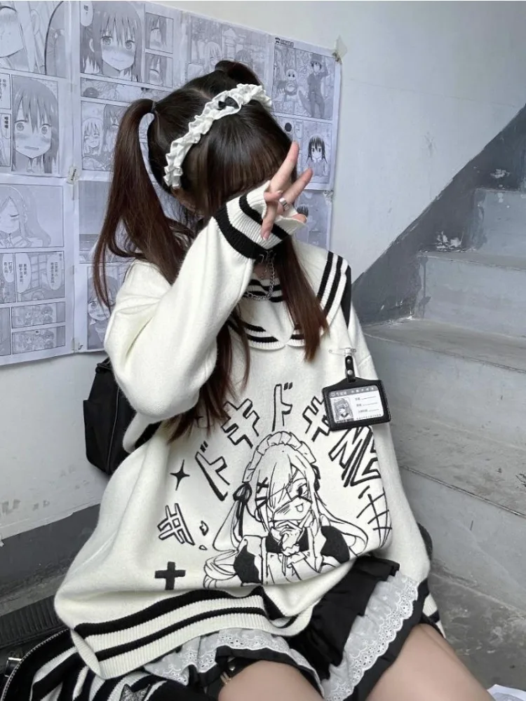 Sweet Cartoon Print White Sweater Anime Pullover Knit Y2k Clothing Harajuku Gothic Tops Loose Turn Down Collar Womens Knitwear