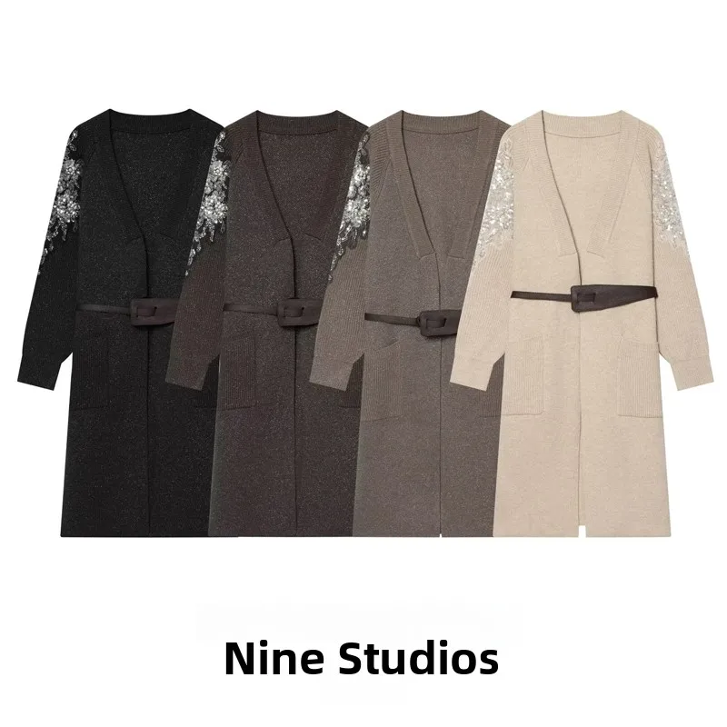 

NINE ZAR Women's Heavy Bead Sequin Pearl Knitted Coat Windbreaker Jacket with Belt Mid-Length V-Neck Long Sleeve Spring