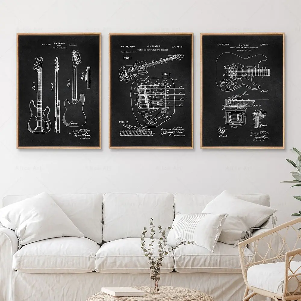 خمر الغيتار طبل مخطط الملصقات آلة موسيقية براءات الاختراع رسم حائط لوح رسم الفن هدية لديكور استوديو الموسيقى #1