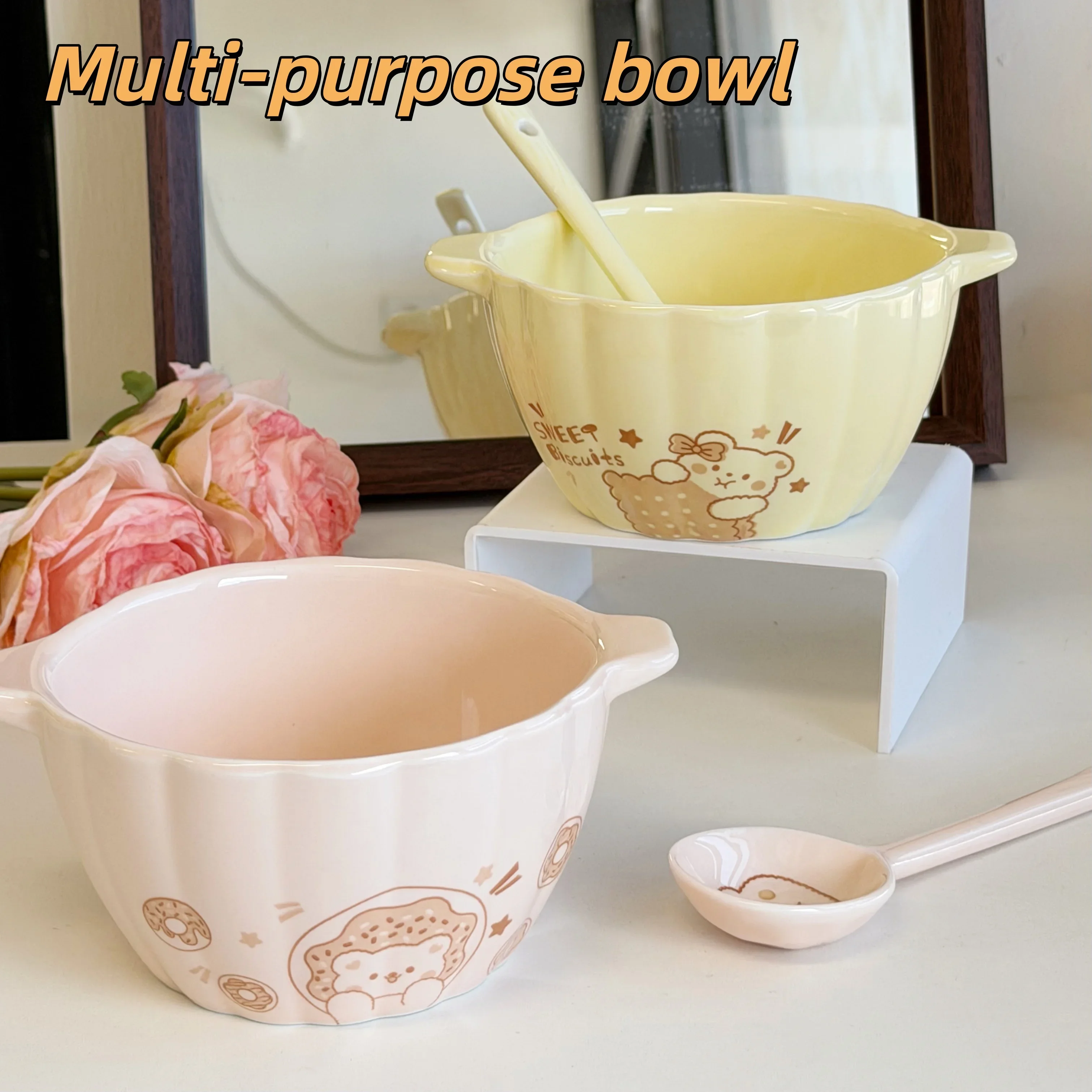 6.2in Cute Animal Double-ear Bowl with Spoon, Multi-purpose Single Bowl for Rice/Soup/Salad/Dessert, Microwave & Dishwasher Safe