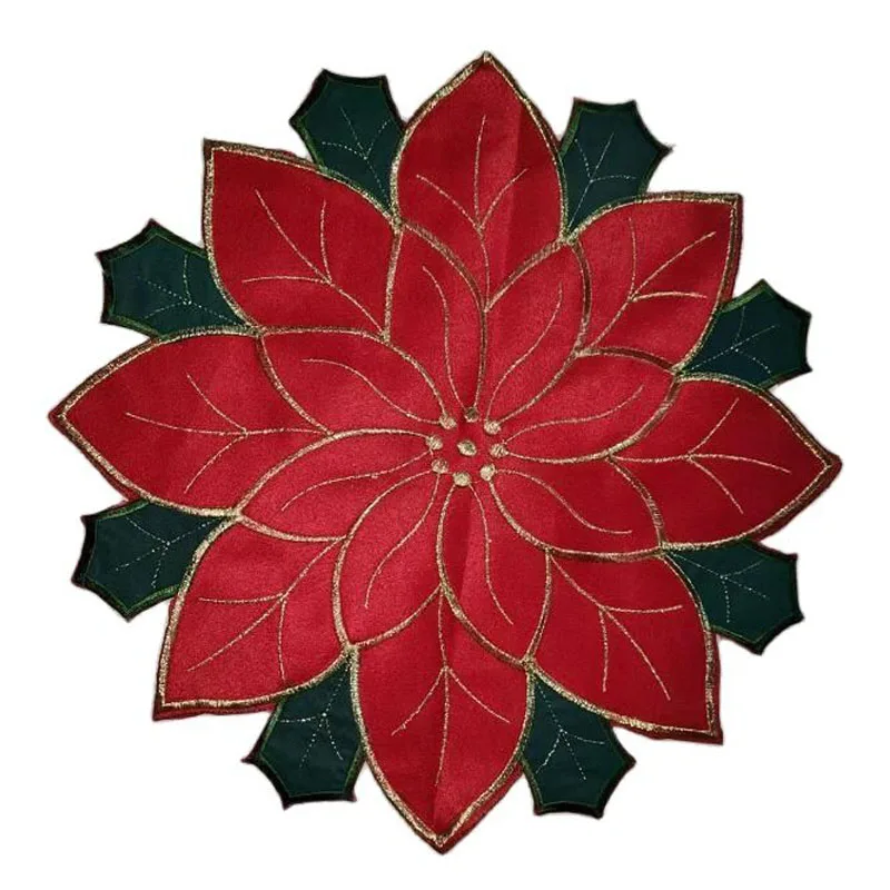 HOT red Christmas Poinsettia Flower embroidery table place mat Cloth placemat coaster kitchen Table decoration and accessories