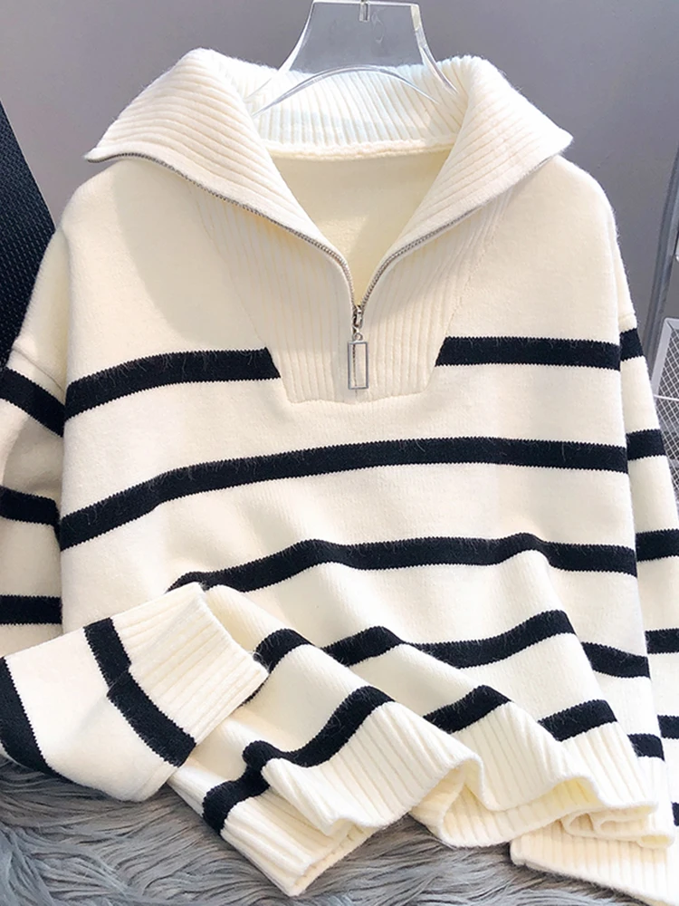 Jmprs Warm Women Sweater Thick Winter Fashion Striped Zipper Jmuper Loose Korean Knitted Female Pullover Blouse