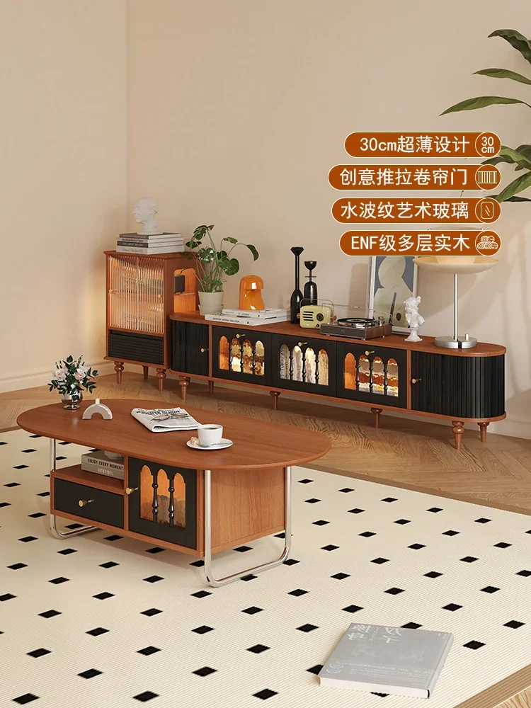 

2024 new finished product all solid wood floor-to-ceiling TV cabinet hidden socket small apartment living room household antique