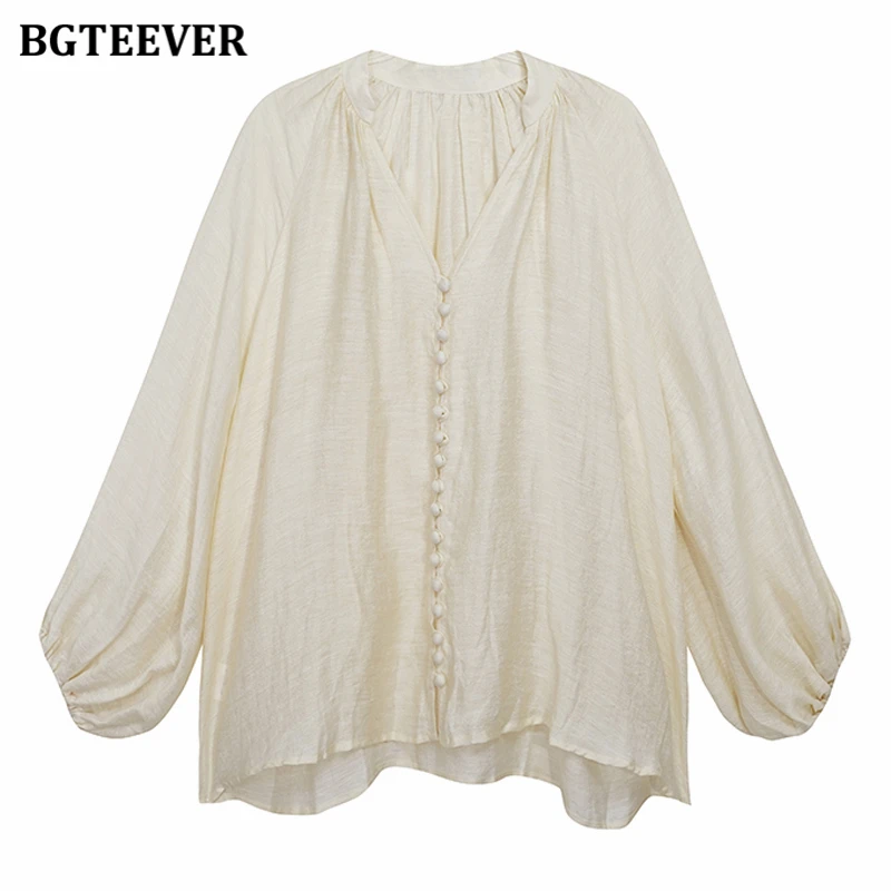 BGTEEVER Casual V-neck Loose Lace-up Women Shirts Tops Spring Autumn Stylish Lantern Sleeve Cotton Linen Women Blouses