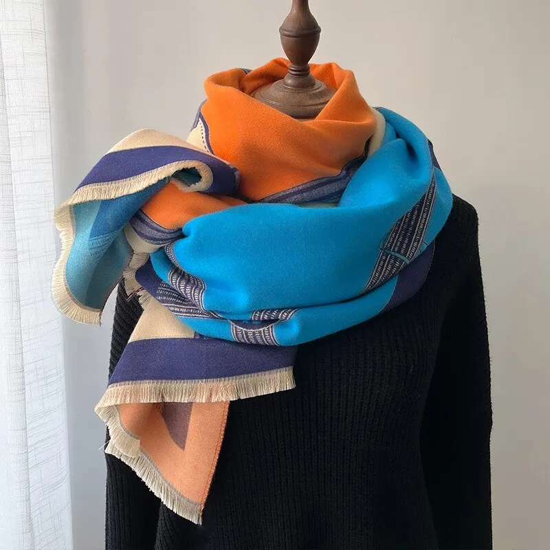 Moda de lujo bufanda de Cachemira de invierno diseño de mujeres manta de Pashmina cálida bufandas de caballo chal femenino wraps grueso Foulard