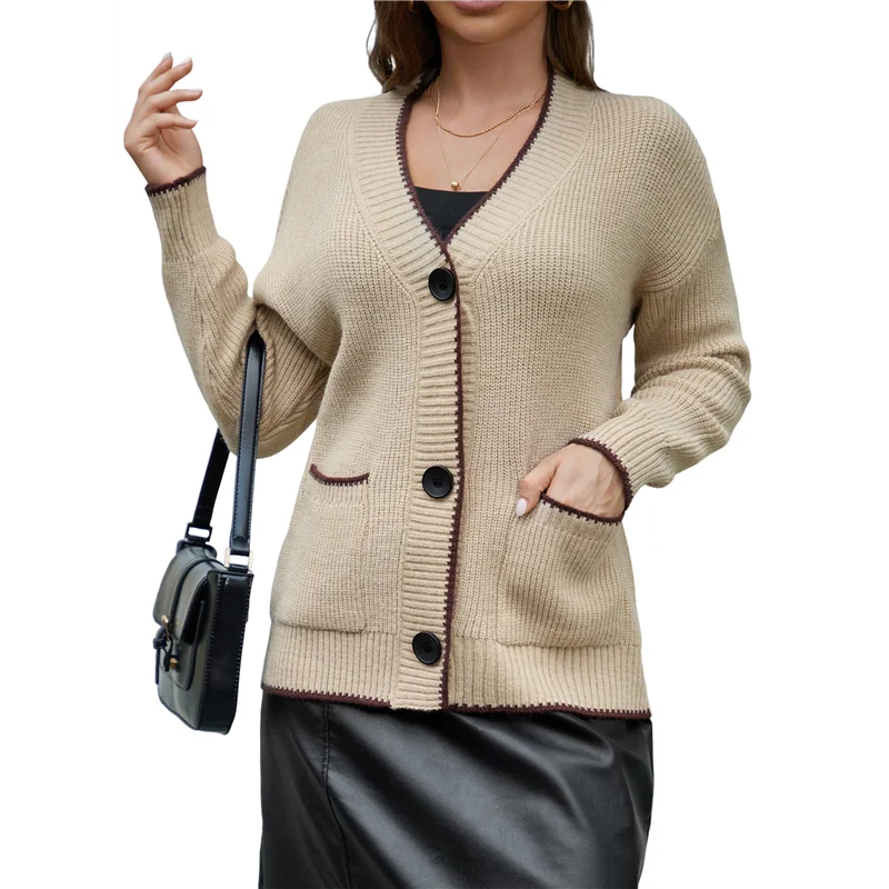 AD30-سترة نسائية بأكمام طويلة وكتلة ألوان وزر خريفي للأسفل معطف كاجوال ناعم منسوج مع جيب #5