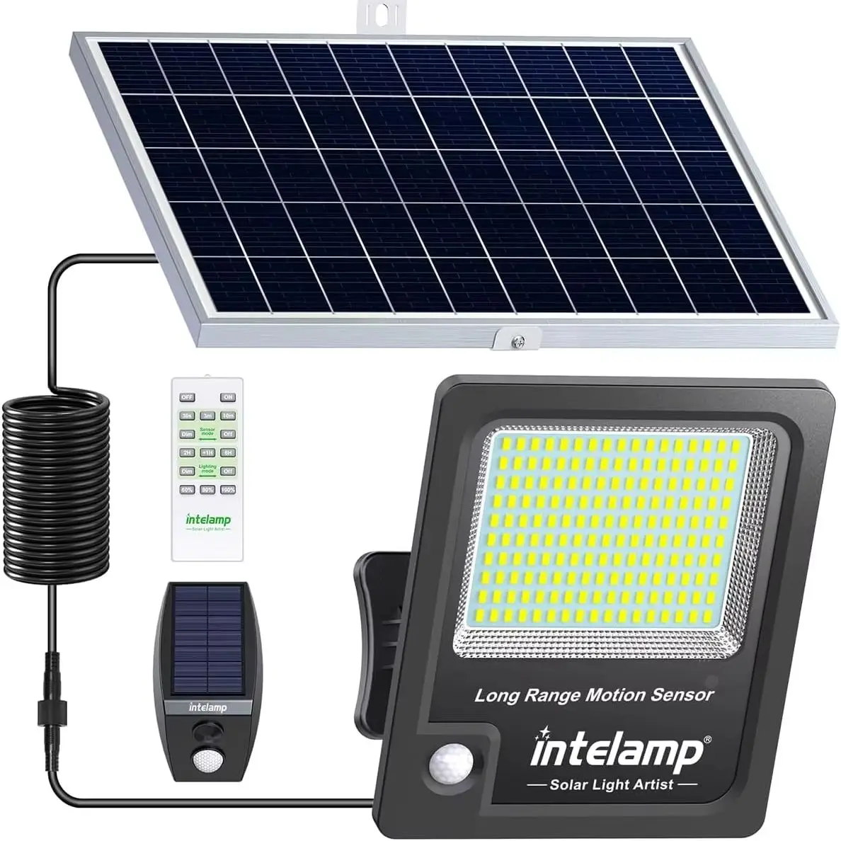 Intelamp Solarleuchte mit langer Batterielaufzeit (12000 mAh), Außenlampe mit größerem Solarpanel und zwei Sensoren für Garten, Straße, Wand und Hof.
