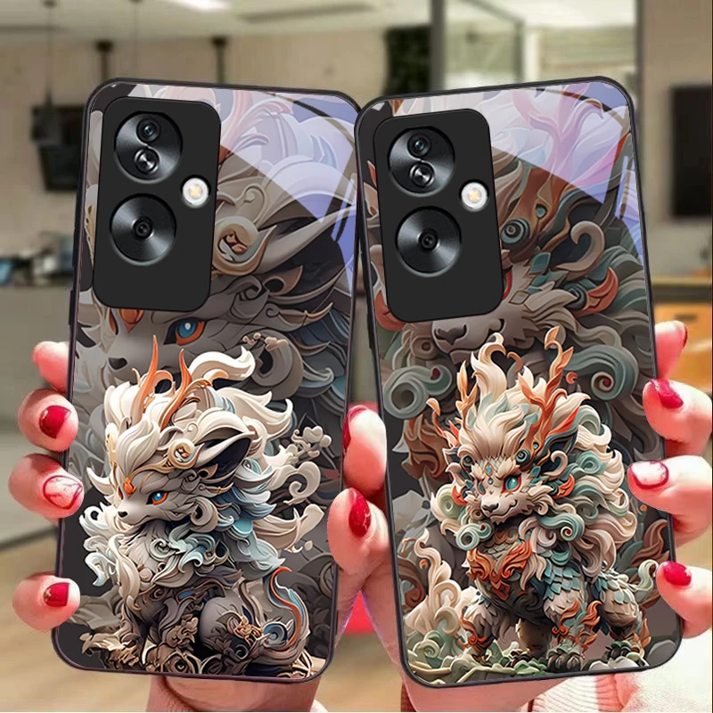 Chinese style lion For Oppo A79 5G 58 78 74 60 4G Reno 11F Realme GT 6 11 Note 50 10 C55 X2 Tempered glass black phone case