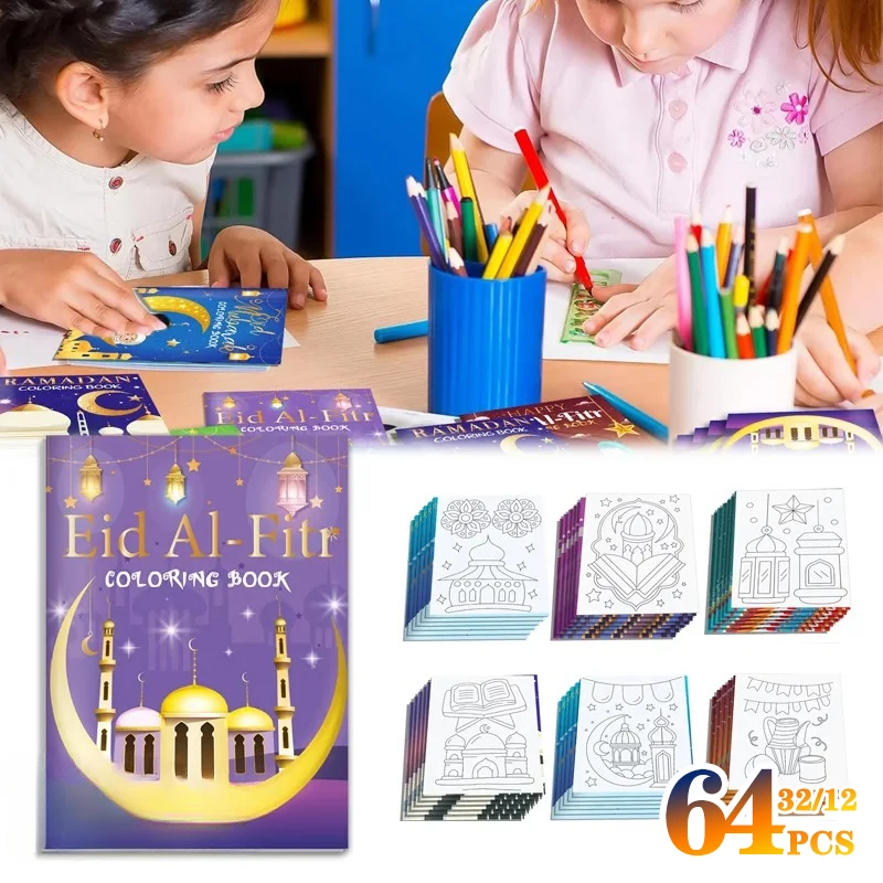 16/32/64PCS Ramadan Coloring Books Gold Moon Fillers DIY Painting Drawing Book Children's Gift Graffiti Book for Party Supplies